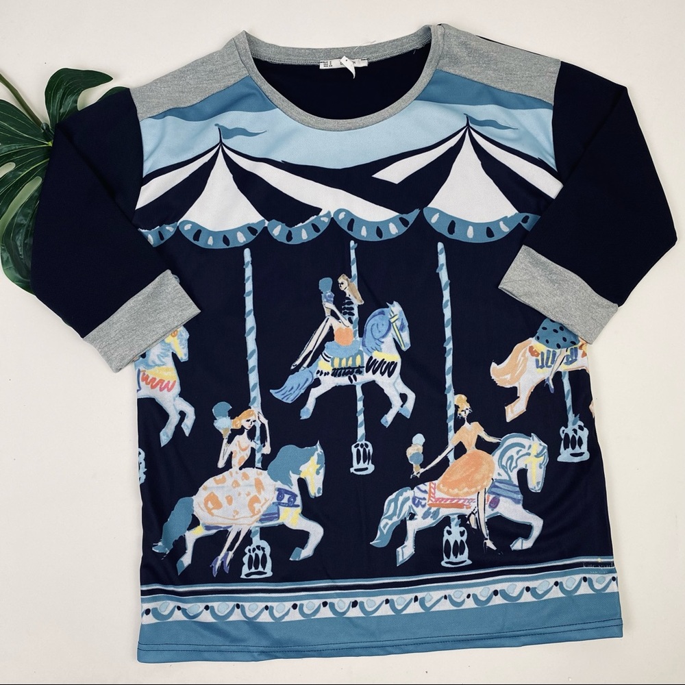 GRIFFLIN PARIS | CAROUSEL PRINTED | 3/4 SLEEVE | COLOR BLOCK TOP L